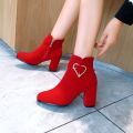Autumn and Winter New Thick Heel Fleece-Lined Women's Short Boots round Toe High Heels Red Wedding Shoes Warm Ankle Boots All-Matching Cotton Shoes Women's Boots. 