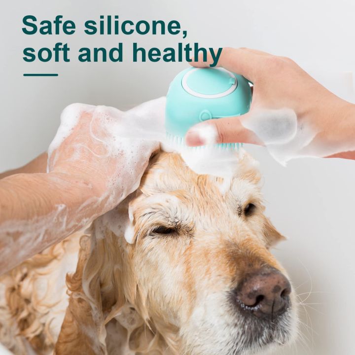 Dog Bath Brush, Pet Massage Brush Shampoo Dispenser, Soft Silicone Brush Rubber Bristle for Dogs and Cats Shower Grooming