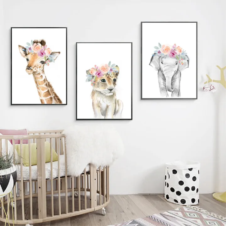 Animals%20Floral%20Crown%20Art%20Decor%20Canvas%20Painting%20,%20Baby%20Girl%20Prints%20Animal%20Giraffe%20Elephant%20Lion%20Wall%20Art%20Picture%20Nursery%20Poster%20-%20Image%204