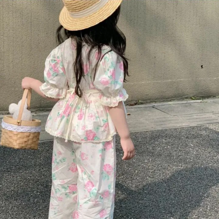 New%20Korean%20Version%20Baby%20Clothing%20Girls%20Suit%20Floral%20Short-sleeved%20Bubble%20Sleeve%20Shirt%20+%20Wide-legged%20Pants%202Pcs%20Sets%20Outfits%20for%20Kids%20Clothes%20-%20Image%203
