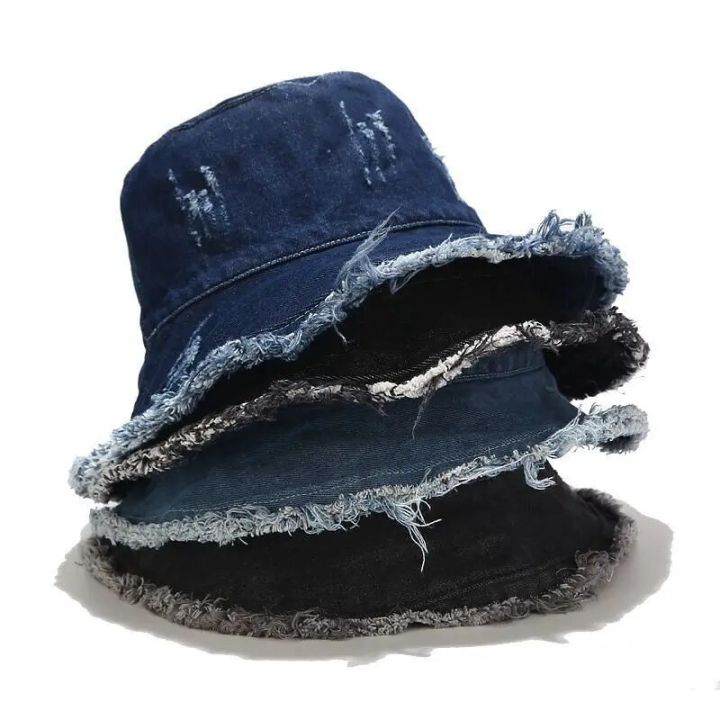 New Retro Ripped Denim Sunbonnet Women‘s Summer Bucket Hat Fisherman Hat Sunscreen Sun Protection Hat Unisex Panama Cap