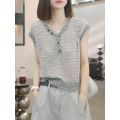Summer Thin Hollow V-Neck Knitted Sleeveless Women's Design Sense Niche Knitted T-Shirt Women's 2025 New Top. 