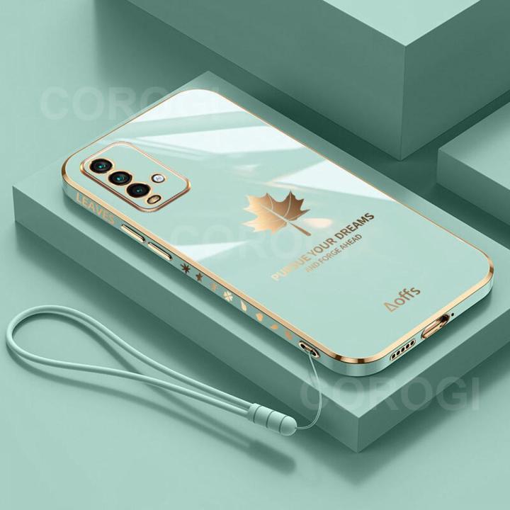 For Xiaomi Redmi 9T Back Cover with Lanyard Fashion Shiny Plating Maple Leaf Design Camera Lens Protection Square Edge Soft Silicone Protective Phone Case