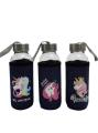 Transparent Glass Unicorn Water Bottle With Blue Sleeve Cover 300 ml. 