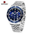 REWARD brand fashion business, sporty, waterproof, luminous timing, date, stainless steel quartz men's watch. 