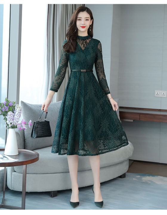 bellylady%20Women%20Cotton%20Lace%20Dress%20Fashion%20Long%20Sleeves%20Middle%20Waist%20A-line%20Skirt%20Elegant%20Mid-length%20Dress%20For%20Party%20Wedding%20-%20Image%205