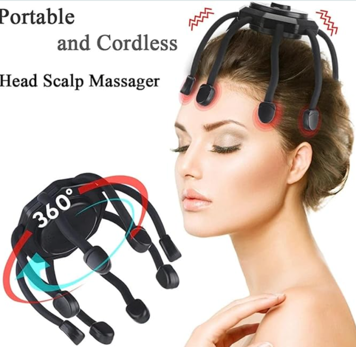 Electric Scalp Massager with Rechargeable Battery, 360 Degree Octopus Head Massager, 3 Modes for Vibration Massage and Stress Relief
