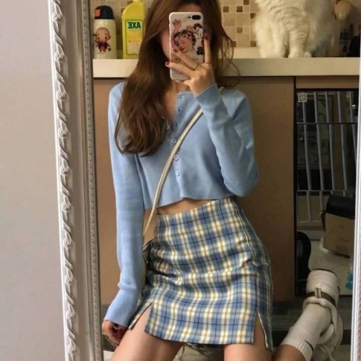 Fashion Skirt Outfit Women2023Early Autumn Korean Style High Waist Tartan Skirt Long Sleeve Knitted Cardigan Top Two Piece Set Daraz.lk