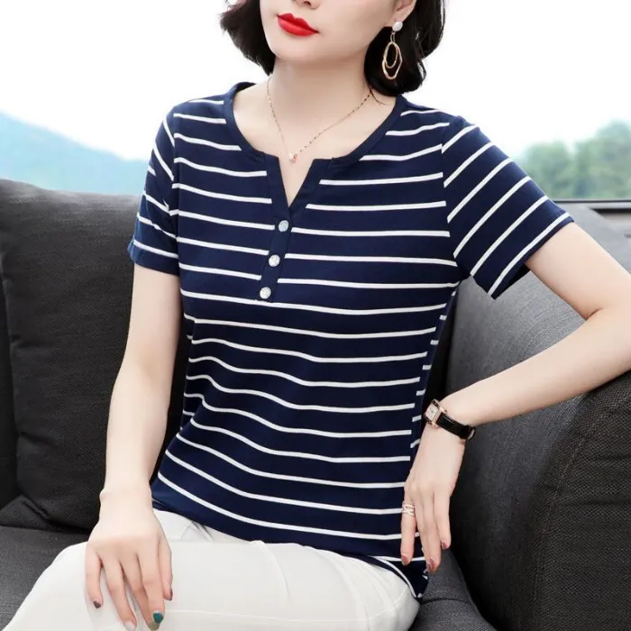 2023Summer%20New%20Top%20Striped%20Short%20SleeveTT-shirt%20Women's%20Summer%20Large%20Size%20Slimming%20Korean%20Style%20Loose%20All-Matching%20Flab%20Hiding%20Women's%20Clothing%20-%20Image%206