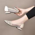 Genuine Leather 2024 New Hollow Glittering Diamond Spring and Summer Pointed Toe Breathable Wide Feet Mom Shoes Thick Heel Soft Bottom Fashion Small Pumps. 