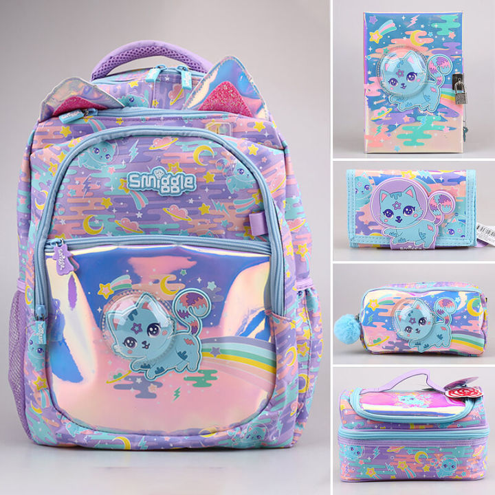 Australia Stationery Smiggle Blue Space Cat Students Burden Relieving Backpack Girl Travel Bag Meal Bag Wallet