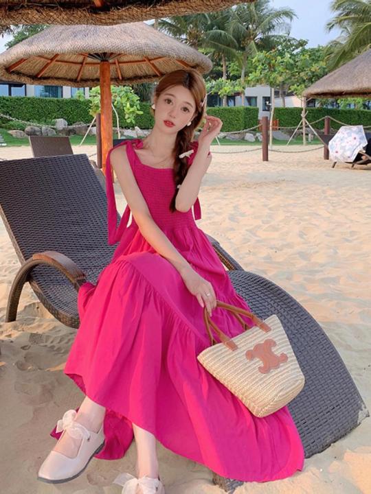 Plus Size Korean Style Vacation Style Sweet Spaghetti-Strap Dress Women's Summer New Tube Top Small Fresh High Waist Long Skirt