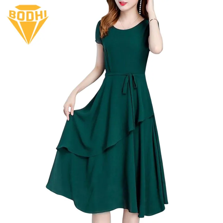 Elegant Midi Dress Summer Lace-up A-line Midi Dress for Women Elegant O-neck Short Sleeve Streetwear