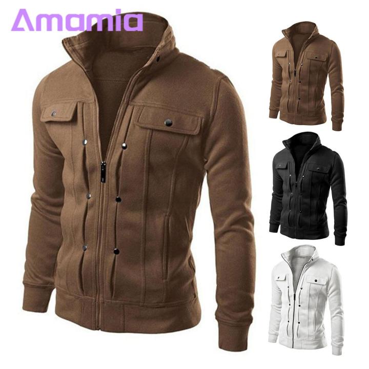 Stand Collar Jacket Stylish Men s Spring Autumn Jacket on Zipper Closure Stand Collar Long S ve Outerwear Solid Color Casual Jacket for Southeast Asian Buyers Men Outerwear Daraz.lk