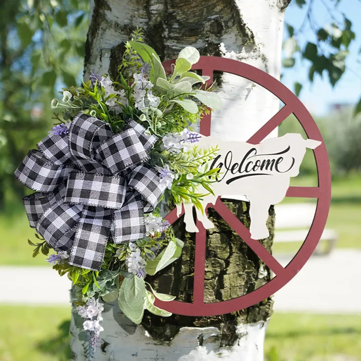 SuperRide Farmhouse Wreath Rustic Farmhouse Welcome Sign with Cow Wheel Garland Non-fading Front Door Hanging Wreath Spring Farmhouse Wreath