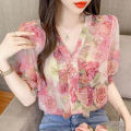 Bohemian V-neck Floral Shirt Women's Summer 2025 New Foreign Style Ruffle Sleeve Casual Chiffon Shirt Top. 