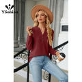 Yfashion Women Long Sleeves Tops Solid Color Design Button Shirt Blouse V-Neck Pullover Loose Jacquards T-Shirts Top. 
