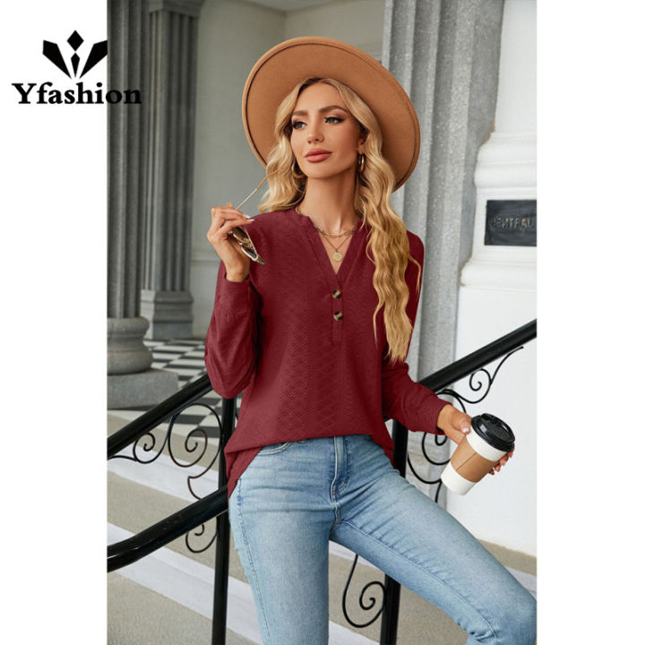 Yfashion Women Long Sleeves Tops Solid Color Design Button Shirt Blouse V-Neck Pullover Loose Jacquards T-Shirts Top