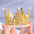 Mini Crown Cake Topper Crystal Pearl Tiara Children Hair Ornaments Kids Birthday Party Cakes Dessert Accessories Elegant Wedding Supplies 1Pcs. 