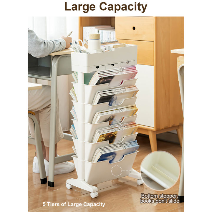 Mobile%20Bookshelf%20Movable%20Storage%20Book%20Shelves%20Durable%20Wide%20Application%20360%C2%B0%20Rotation%20Wheels%205%20Tier%20Design%20for%20Libraries%20-%20Image%203