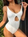 Women Bikini, Spaghetti Straps V-neck Hollowed Jacquard Summer Swimming Bathing Swimsuit. 