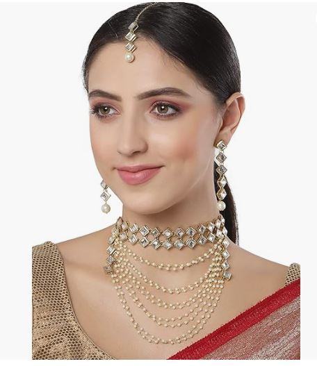 Karatcart Gold Plated Pearl Chain Kundan Necklace Set for Women