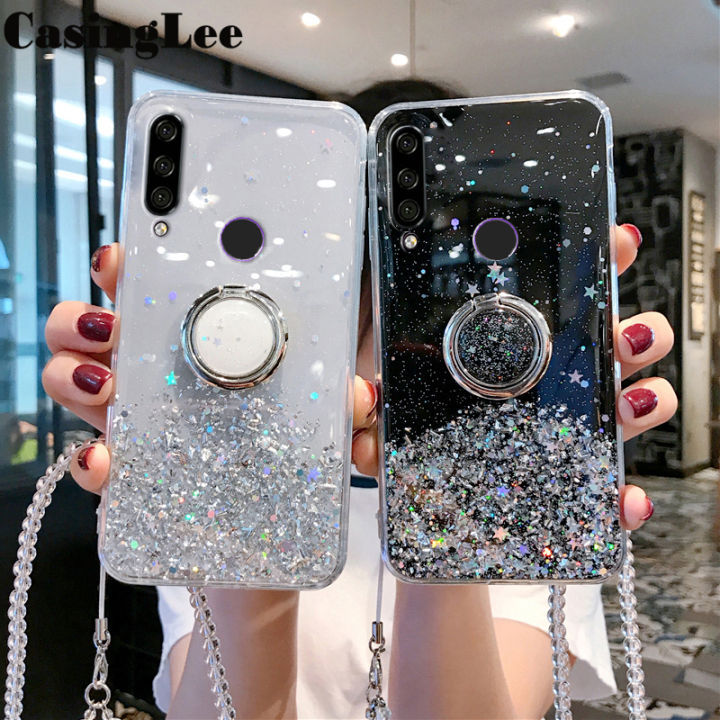 Casinglee for Huawei Y6P case Shiny Ring Glitter Soft Transparent Holder Stand Back cover with String for Huawei Y6P Phone cases cover Stars Moon Girls For girls and Boys