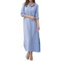 bellylady Women Dress Solid Color Cotton Linen Stand Collar Long Sleeve Casual Loose Long Skirt. 