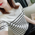 Thin Striped Short Sleeve Rich Top Sweater T T-shirt Fox Ice Silk Base Summer Loose New 2023 Women's shirt. 