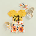 Baby Tops Shorts Suit, Short Sleeve Round Neck Knitting Romper Shirt Floral Print Kid Girl Pants + Headband. 