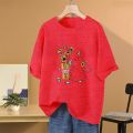 Women/Ladies / Girls Trending Fashion Korean Style Baggy / Loose-Fitting / Over-Sized Rabbit With Flowers Love Sudu Hawa Tee Cotton Fabric Tops Casual Loose Fit Office Wear T-Shirt /Tshirt/ Blouse In Mélange Red, Light Lime Green, Cream Colors In S, M, L,. 
