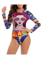 Women's One-Piece Swimsuit, 3D Print Long Sleeve Round Neck Hollow Out Back Bathing Bodysuit. 