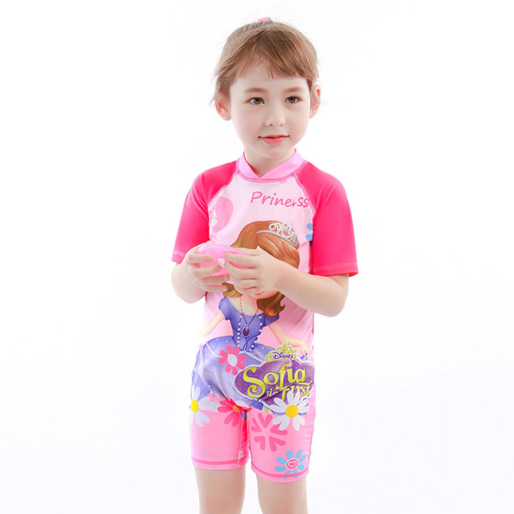 2pcs/set Baby irls Cartoon One-piece  Swimsuit  +  Sun  Hat Long-sleeved Back Zip Stand-up Collar Sunsuit Swimwear Bathing Suit With Hat color:9017-2 size:100 infant age:3-4year