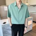 Shijitu Ice Silk Short Sleeve Shirt Men's Summer High-Grade Black ins Trendy Half Sleeve Loose Casual Simple Set. 