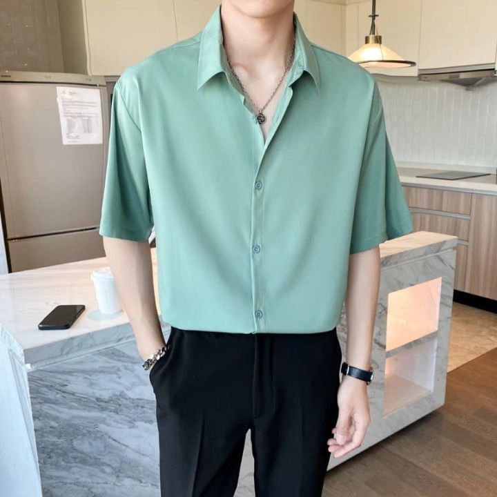 Shijitu%20Ice%20Silk%20Short%20Sleeve%20Shirt%20Men's%20Summer%20High-Grade%20Black%20ins%20Trendy%20Half%20Sleeve%20Loose%20Casual%20Simple%20Set%20-%20Image%204