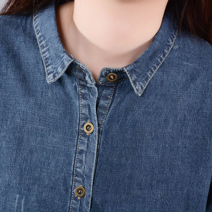 Yfashion%20Women%20Cotton%20Short%20Sleeves%20Denim%20Dress%20Large%20Size%20Casual%20Mid-length%20Skirt%20Fashion%20Simple%20Solid%20Color%20Lapel%20Dress%20-%20Image%204