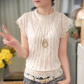 Yfashion Fashion Lace Shirt For Women Cotton Short Sleeves Round Neck Pullover Tops Sweet Solid Color Slim Fit Blouse. 