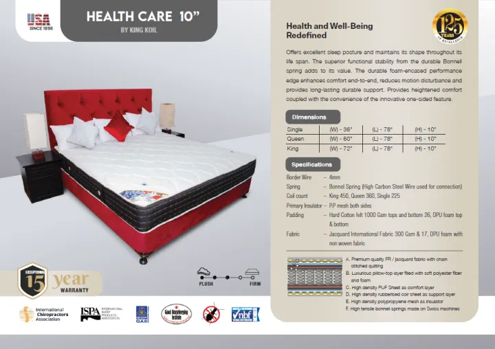 King Koil Health Care 10" - King Size Spring Mattress (72"x 78"x 10")