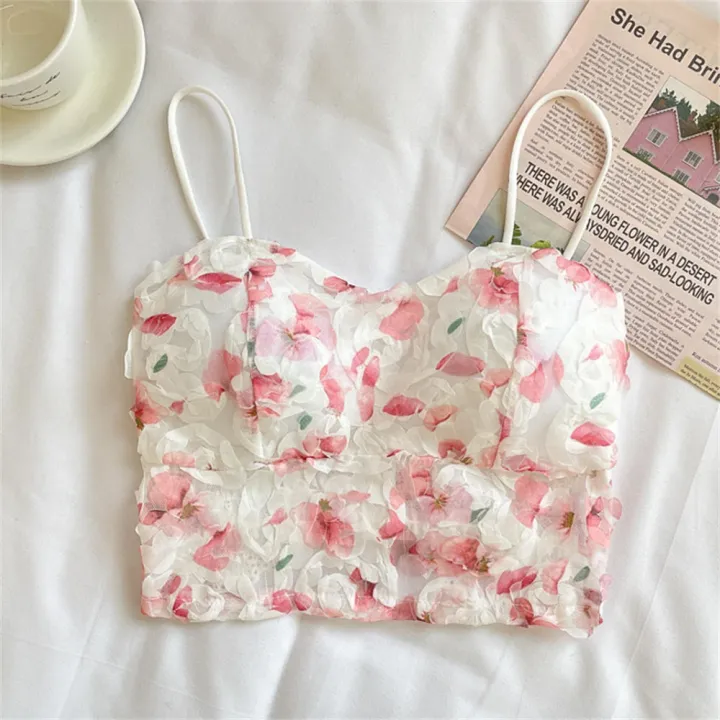 Floral Corset Vest Adjustable Sweet Lace Crop Top Mesh Tube Top for Casual Evening Out Summer Wear Apparel Young Adults