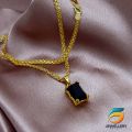 Gold Plated Chain With Pendant 18/24 inch 02MM Bismark Chain with Black Stone Pendant Necklace for Ladies & Girl. 