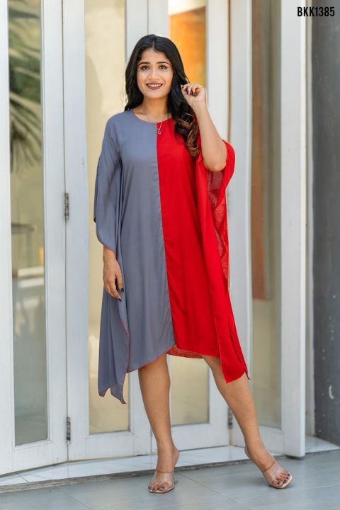 Galleria Factory Double Shade Poncho Style Kaftan Tops ( Gray Red )