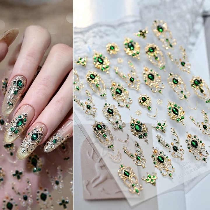 Palace Style Luxurious Design 5D Nail Stickers Shiny Finish Gold Scepter Baroque Scepter Nail Emerald Ruby Color Red Green Gemstone Nail Decals Xmas Nail