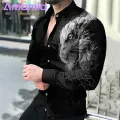 Comfo ble Fabric Shirt Men's 3d Animal Print Stand Collar Business Shirt Slim Fit Breathable Mid Length Top Men Shirt. 