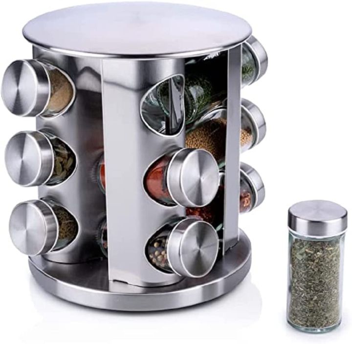 Stainless Steel Spice Rack with 12 Glass Jars 360º Rotation | Daraz.lk