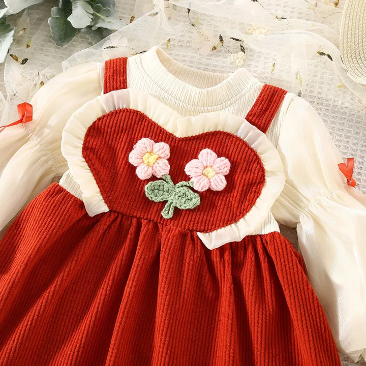 Spring%20And%20Autumn%20New%20Girls'%20Baby%20Long%20Sleeve%20Dress%20Corduroy%20Flower%20Decorative%20Sling%20Splice%20Infant%20Dress%20Sweet%20Girl%20Children'S%20Clothing%20Suitable%20For%200-3%20Years%20Old%20-%20Image%205