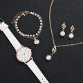 4PCS/Set Fashion Women Watches Pearls Jewelry Set Female Small Arabic Dial Leather Band Quartz Watch Clock（Without Box）. 