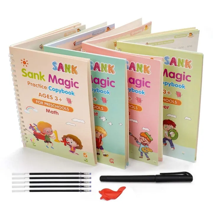 Sank Magic Practice Copybook with 1 Pen 10 refills+ 1 pen case,4 pcs Reusable Handwriting Magic Practice Copybook for Children, Alphabet Number Math Drawing Tracing Book