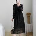 Yfashion French Style Lace Dress For Women Cotton Elegant Long Sleeves V Neck A-line Skirt Solid Color Mid-length Dress. 