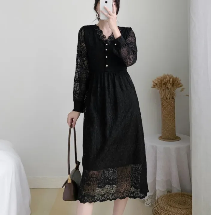 Yfashion%20French%20Style%20Lace%20Dress%20For%20Women%20Cotton%20Elegant%20Long%20Sleeves%20V%20Neck%20A-line%20Skirt%20Solid%20Color%20Mid-length%20Dress%20-%20Image%206