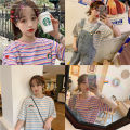 Super Hot cec Short Sleeve T Women's Summer T-shirt 2024 New Korean Style Fresh Rainbow Striped Loose Top ins Tide. 